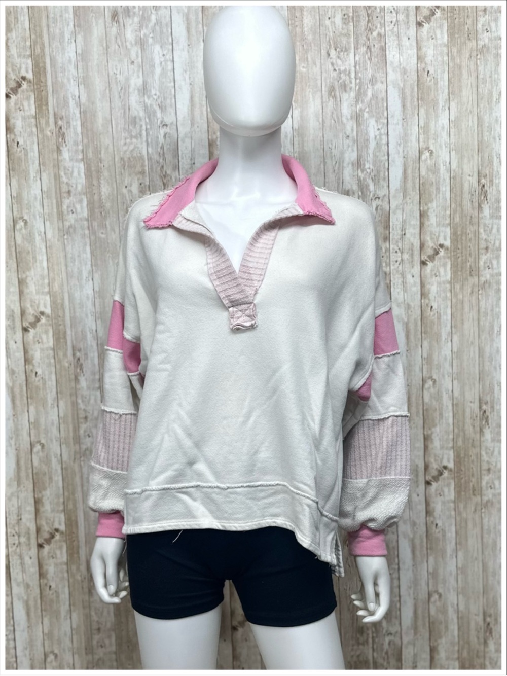 Bucket List Pink/Cream Distressed Oversized Sweatshirt ~ Size S ~ Item #6146